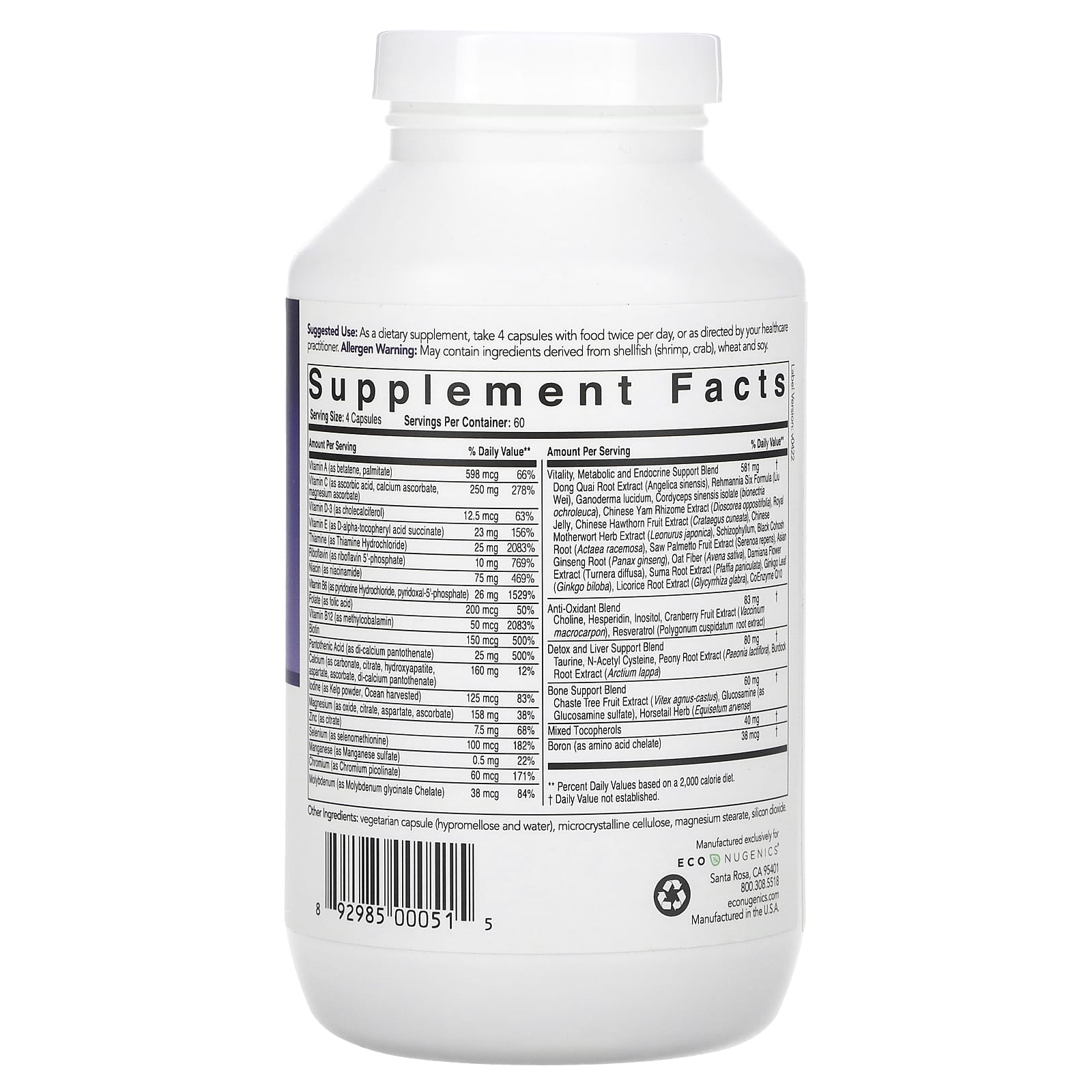 Econugenics, 50+ Women's Daily, 240 Vegetarian Capsules UPC 892985000515 | HiLife Vitamins
