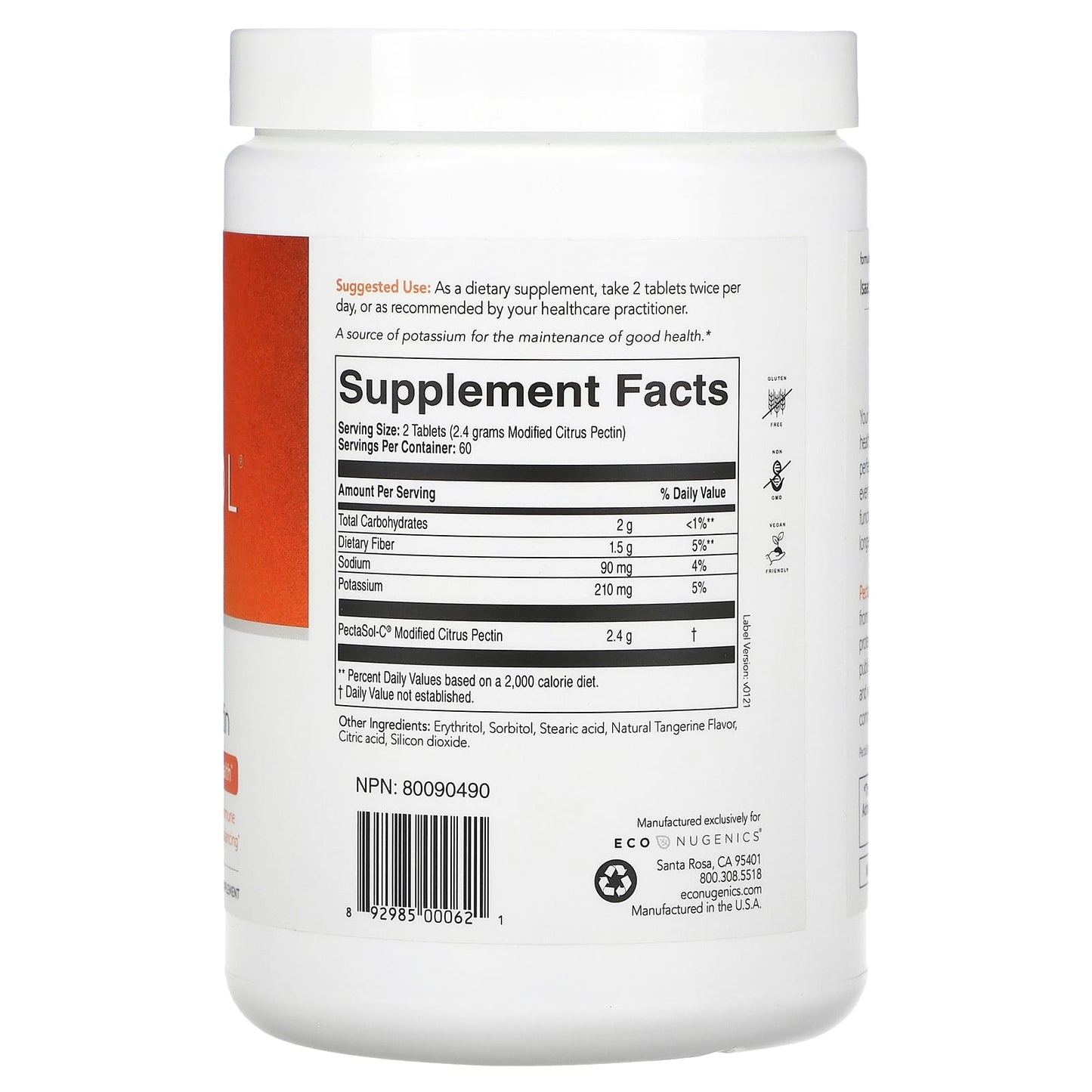Econugenics, PectaSol, Modified Citris Pectin, Tangerine Infusion, 90 Chewable Tablets UPC 892985000621 | HiLife Vitamins