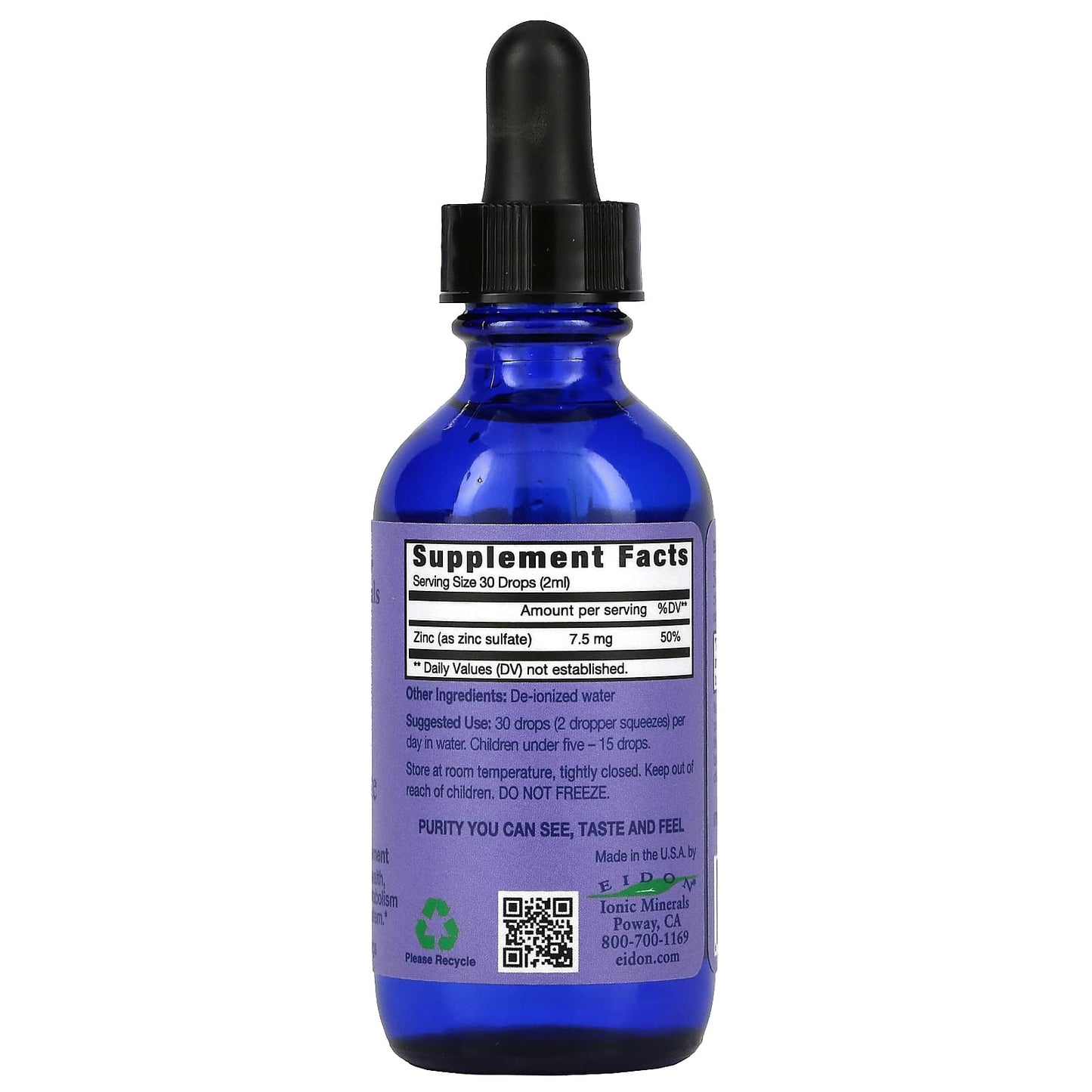 Eidon Ionic Minerals, Ionic Minerals, Zinc, Liquid Concentrate, 2 oz (60 ml) UPC 640923000352 | Hilife Vitamins