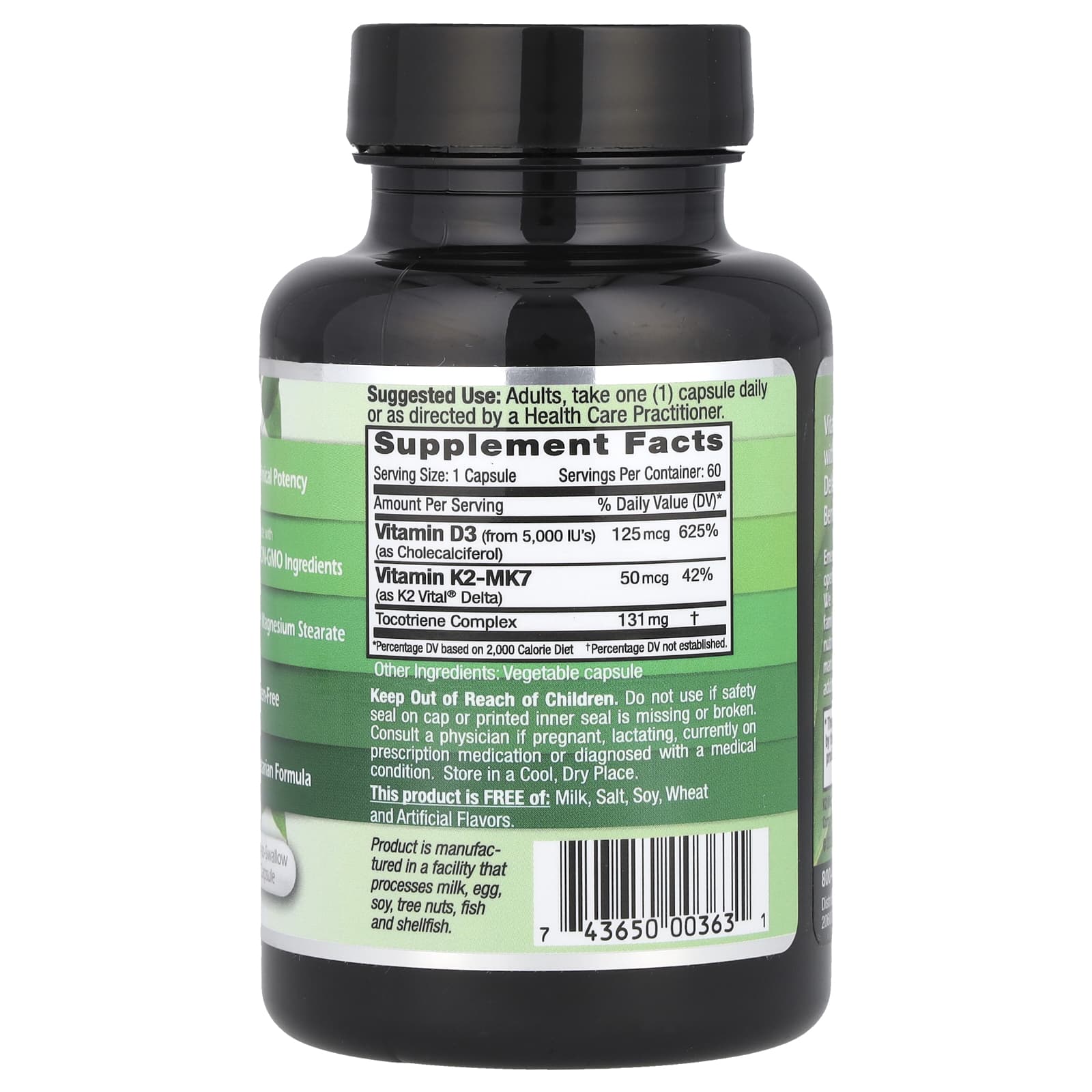 Emerald Laboratories, Vitamin D3 + K2, 60 Vegetable Caps UPC 743650003631 | HiLife Vitamins