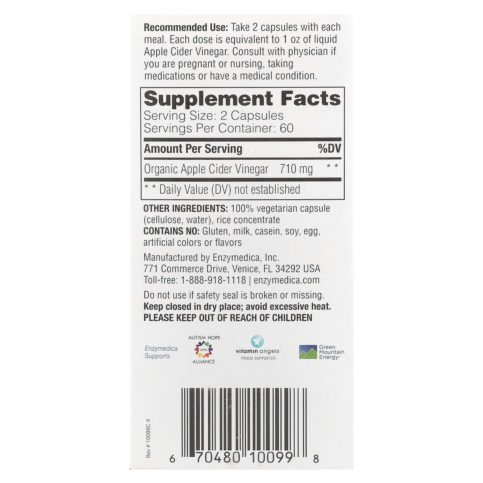 Enzymedica, Apple Cider Vinegar, 120 Capsules UPC 670480100998 | HiLife Vitamins
