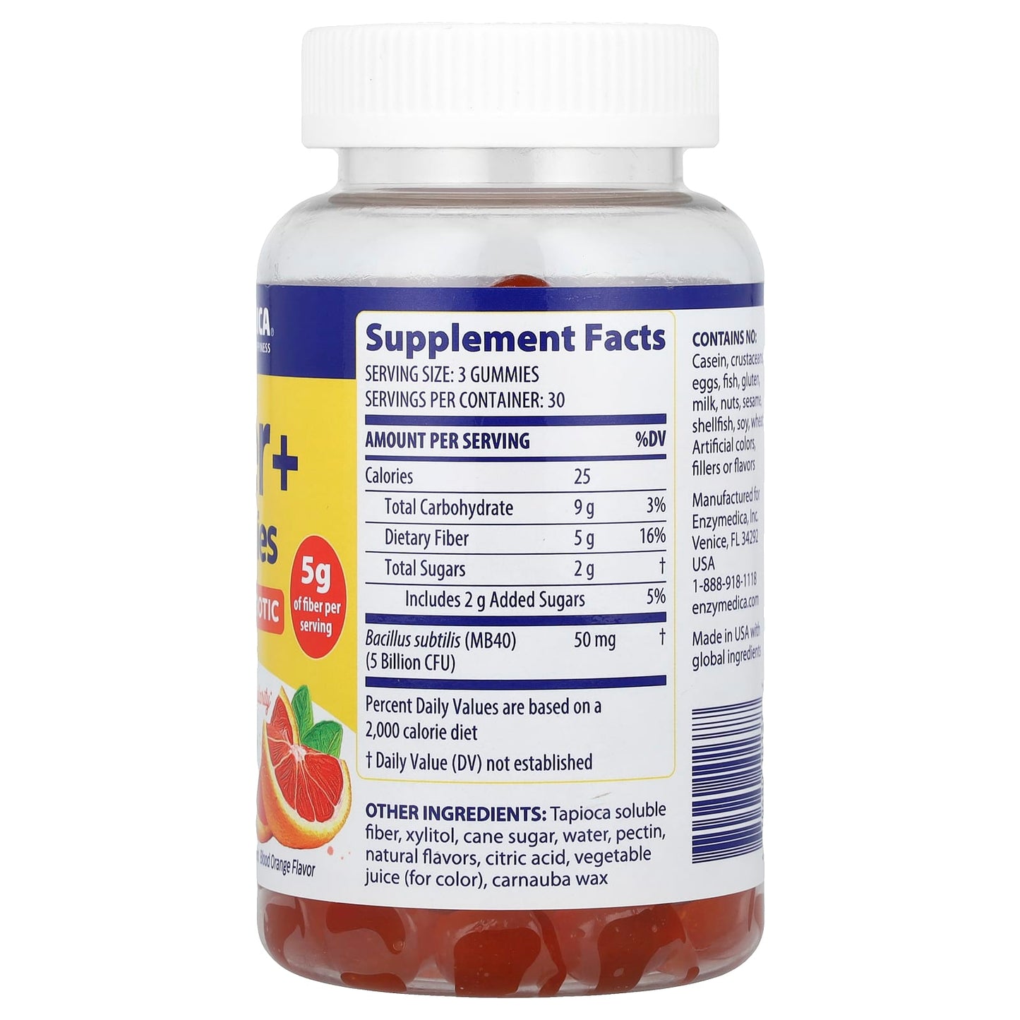 Enzymedica, Fiber+ Gummies, Pre & Probiotic, Blood Orange, 90 Gummies UPC 670480101377 | HiLife Vitamins