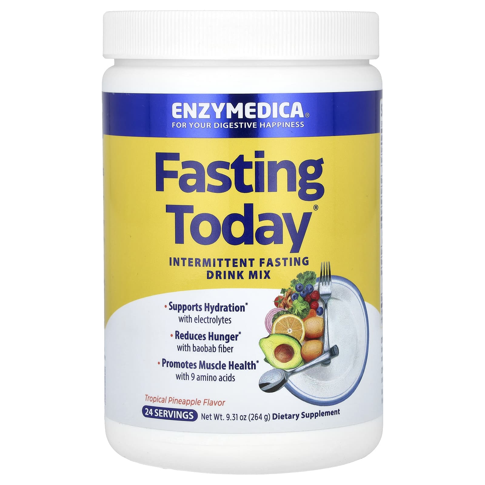 Enzymedica, Fasting Today, Intermittent Fasting Drink Mix, Tropical Pineapple, 9.31 oz (264 g) UPC 670480101414 | HiLife Vitamins