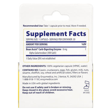 Enzymedica, BeanAssist, 30 Capsules UPC 670480130308 | HiLife Vitamins