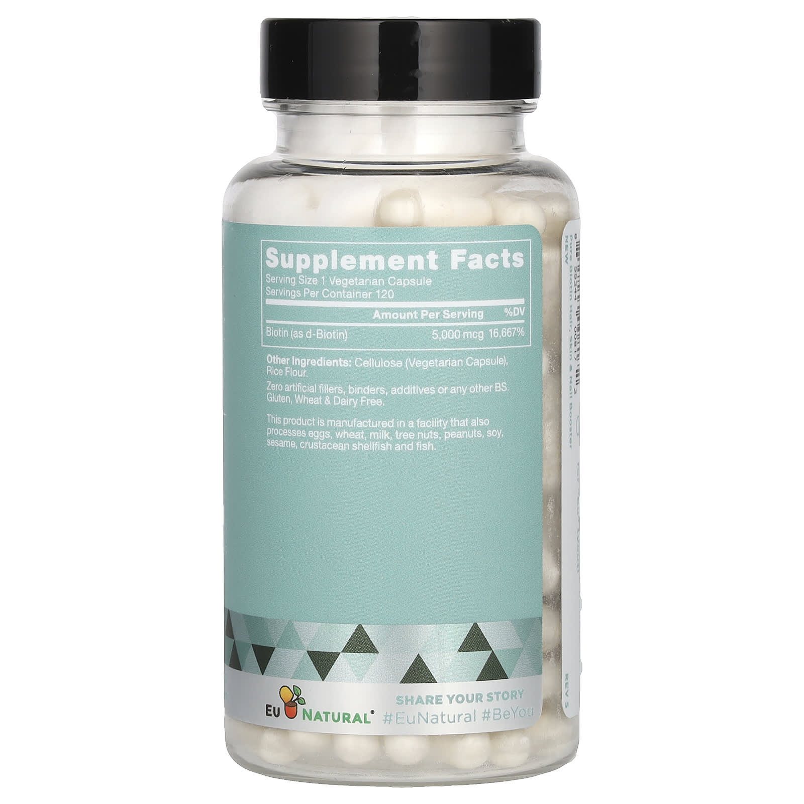 EU Natural, Pure Biotin, 5,000 mcg, 120 Vegetarian Capsules UPC 855244008172 | HiLife Vitamins