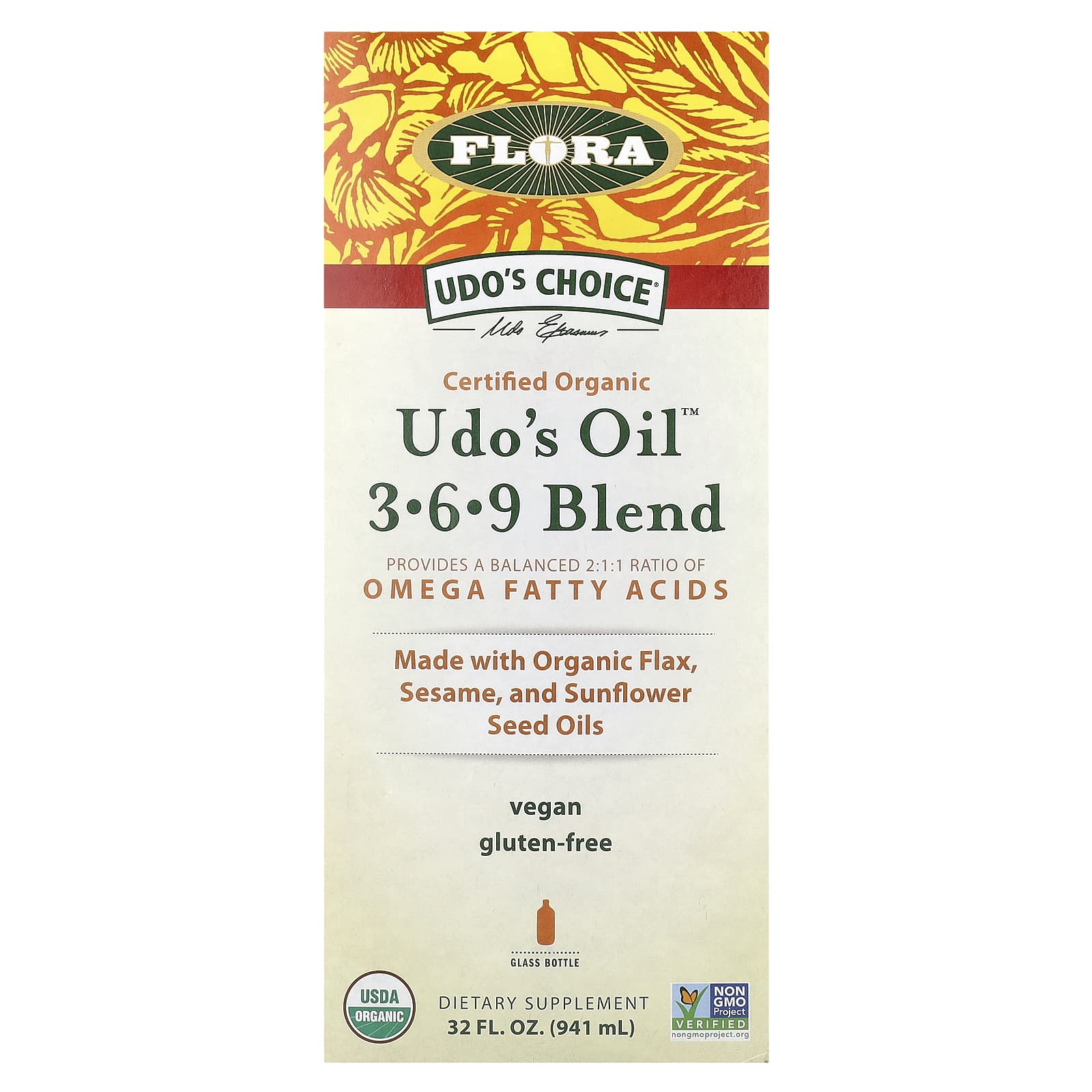 Flora, Udo's Choice®, Udo's Oil™ 3-6-9 Blend, 32 fl oz (941 ml) UPC 061998679890 | HiLife Vitamins