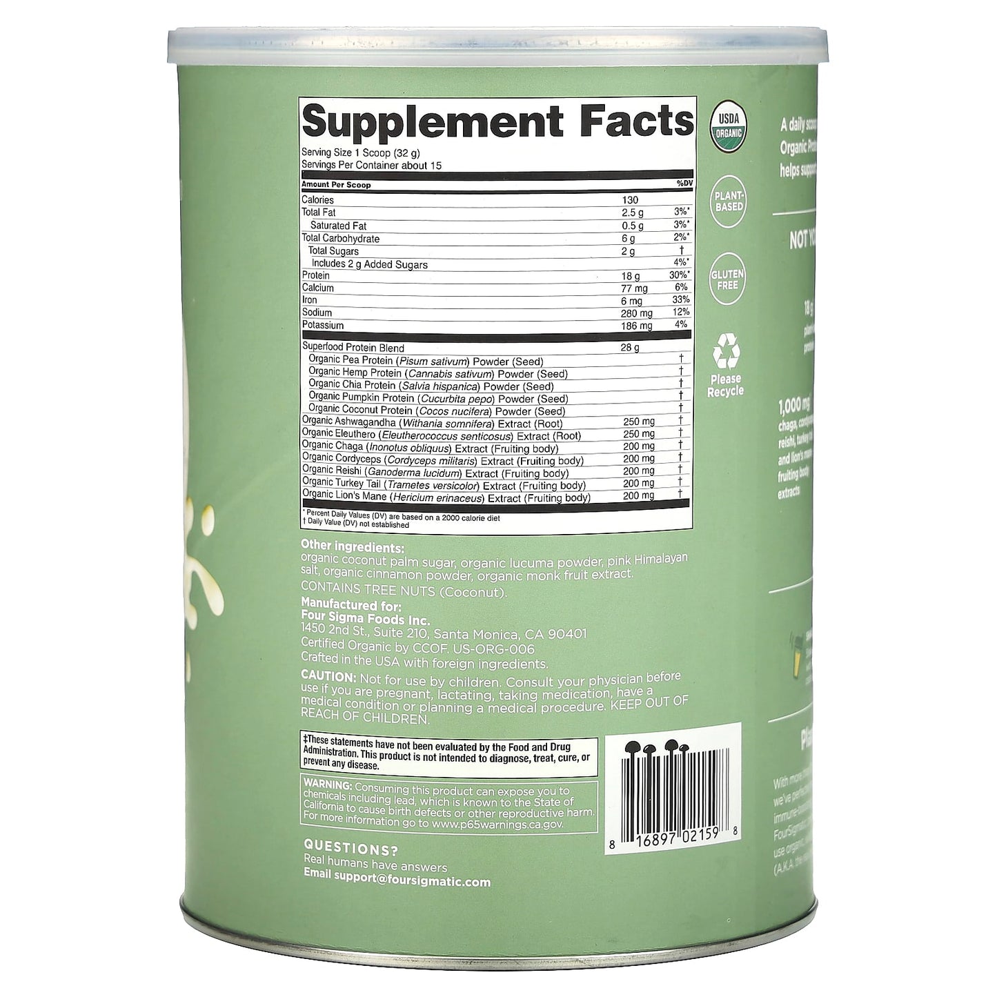 FOUR SIGMA FOODS, INC., Plant-Based Protein Powder Unflavored Canister, 16.7 Oz UPC 816897021598 | Hilife Vitamins