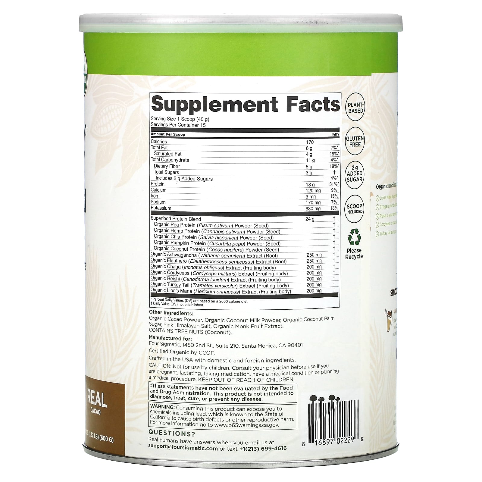 FOUR SIGMA FOODS, INC., Plant-Based Protein w/ Superfoods Creamy Cacao Can, 21.16 Oz UPC 816897022298 | Hilife Vitamins