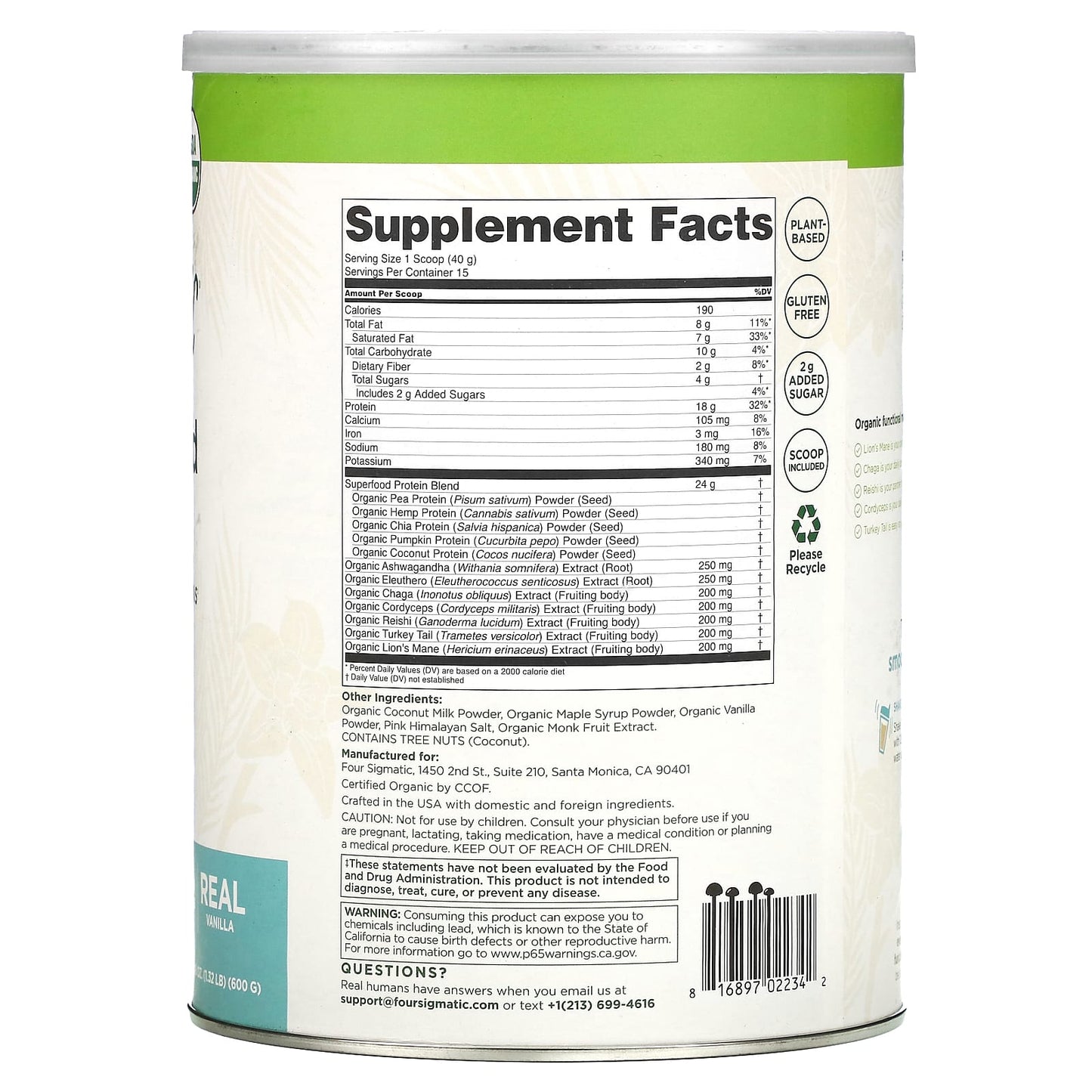 FOUR SIGMA FOODS, INC., Plant-Based Protein w/ Superfoods Sweet Vanilla Can, 21.16 Oz UPC 816897022342 | Hilife Vitamins