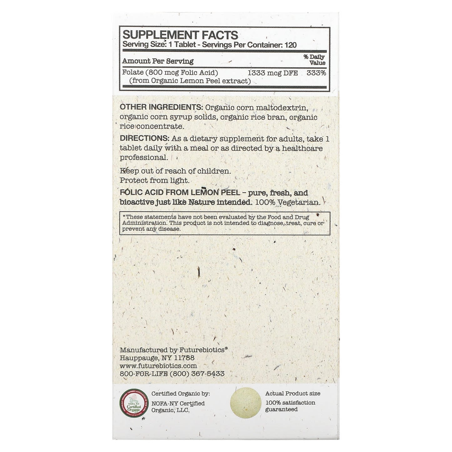 Futurebiotics, Folic Acid - Certified Organic, 120 Tablets UPC 049479035182 | Hilife Vitamins
