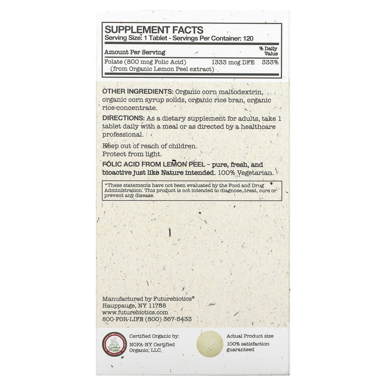 Futurebiotics, Folic Acid - Certified Organic, 120 Tablets UPC 049479035182 | Hilife Vitamins