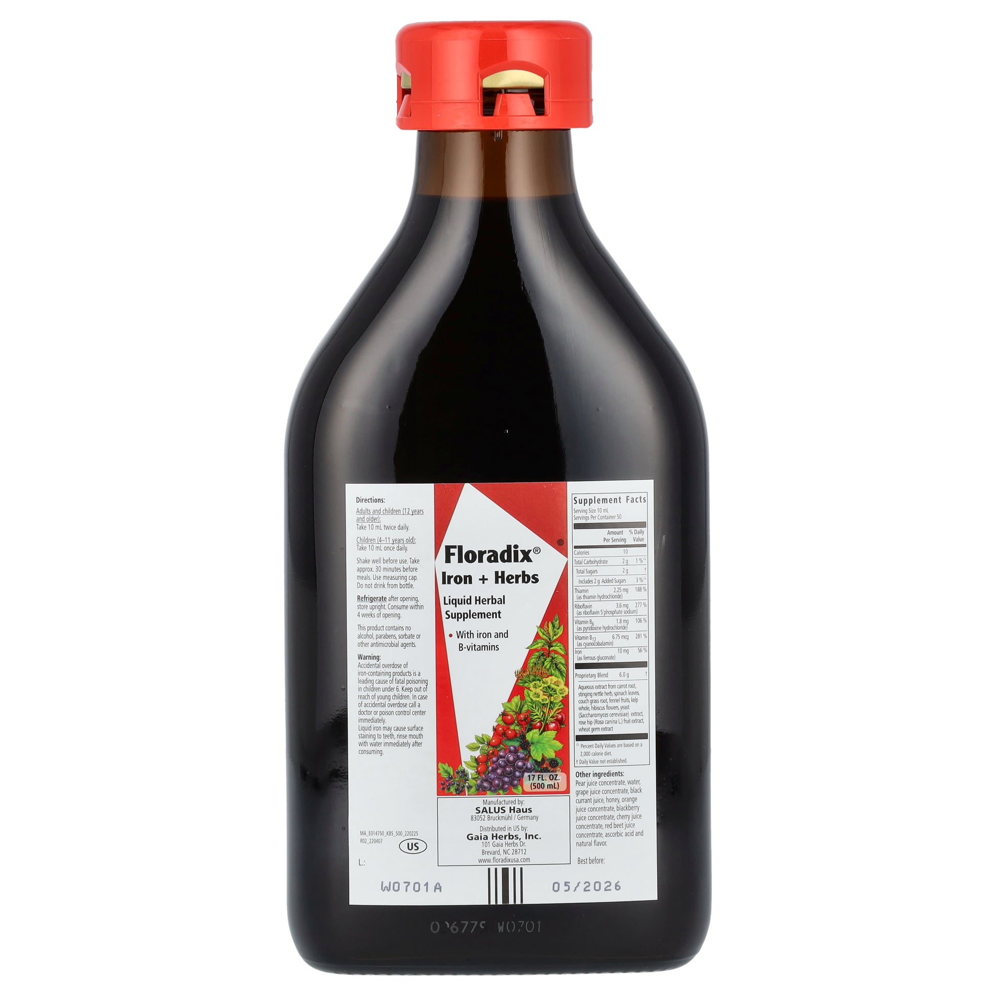 Gaia Herbs, Floradix, Iron & Herbs, 17 Oz Liquid Extract UPC 850026260106 | HiLife Vitamins