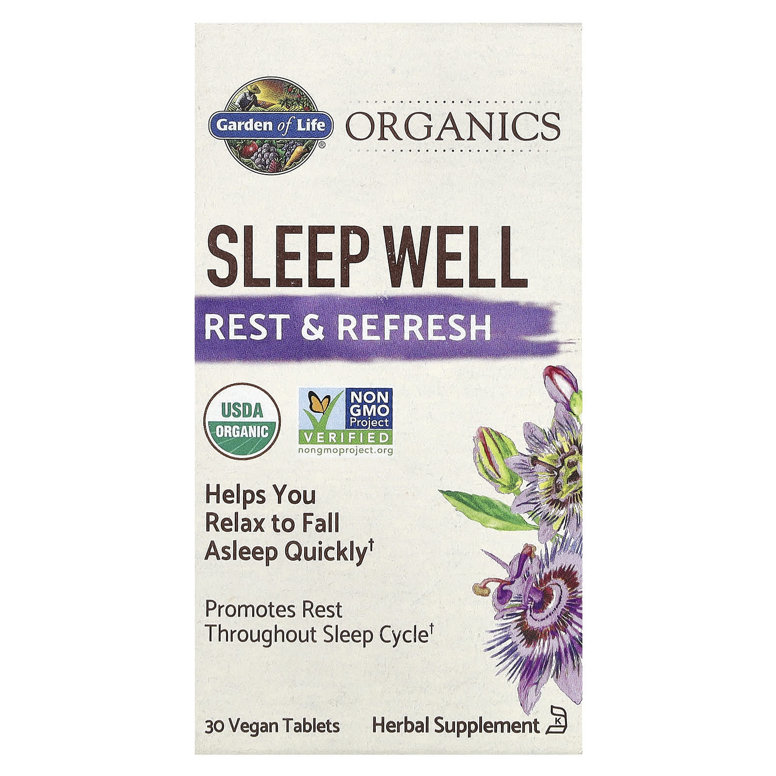 Garden of Life, Organics, Sleep Well, Rest & Refresh, 30 Vegan Tablets UPC 658010121897 | HiLife Vitamins
