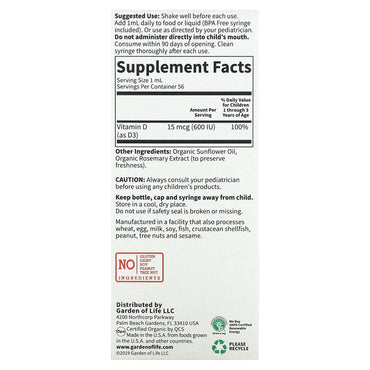 Garden of Life, Baby Vitamin D3 Liquid, 1.9 fl oz UPC 658010125215 | HiLife Vitamins