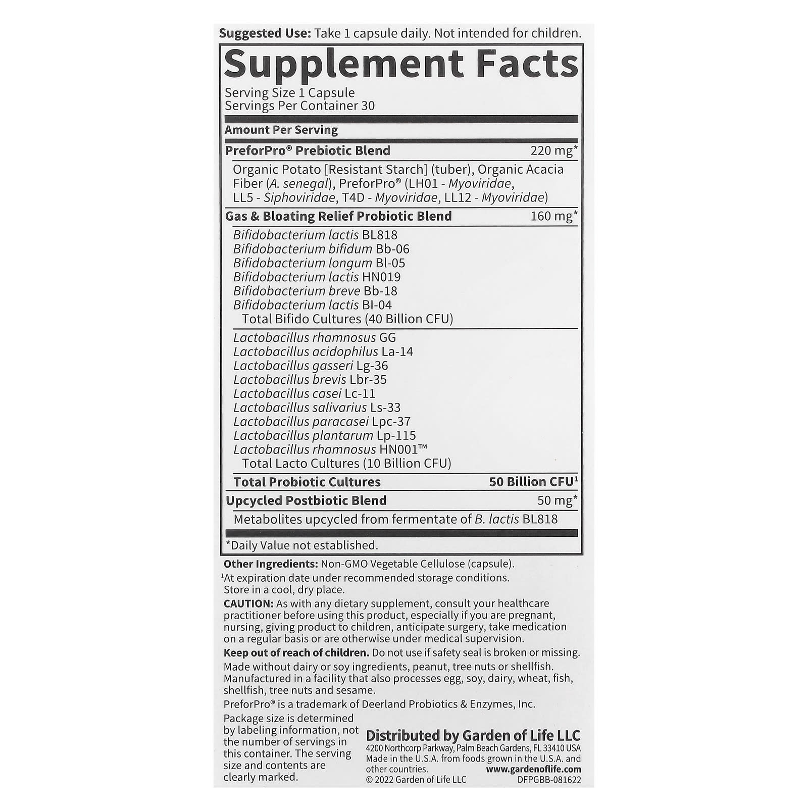 Garden of Life, Probiotics Gas & Bloating, 50 Billion, 30 Vegetarian Capsules UPC 658010131773 | HiLife Vitamins