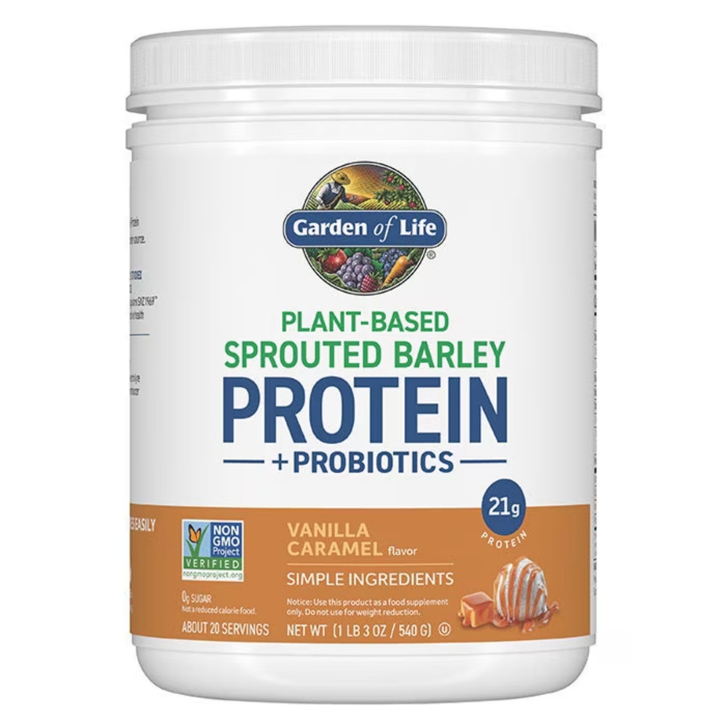 Garden of Life, Plant-Based Sprouted Barley, Protein + Probiotics, Vanilla Caramel, 1 LB 3 OZ (540 G) UPC 658010134606 | HiLife Vitamins