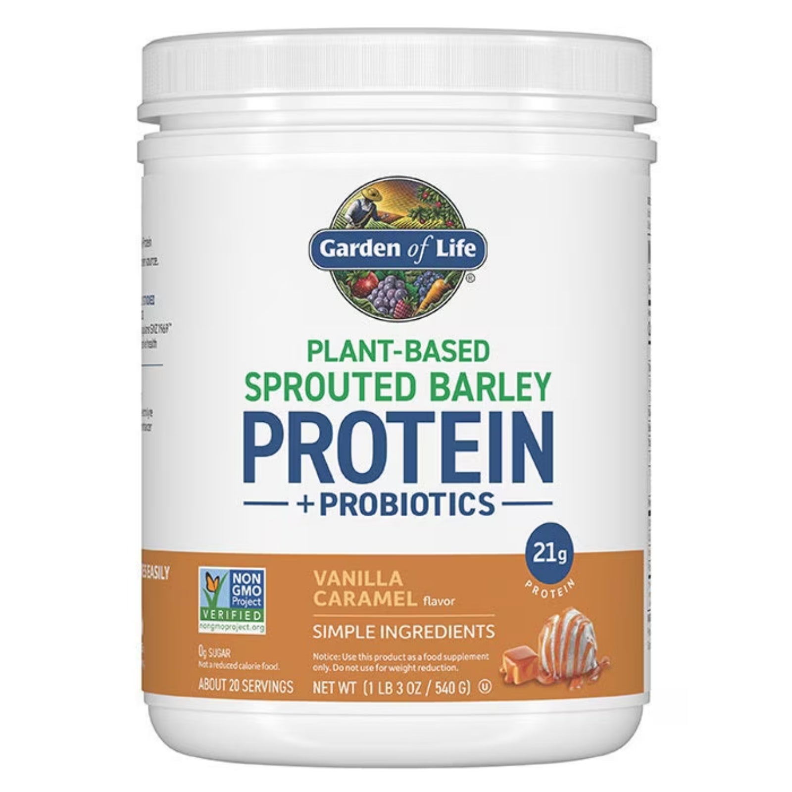 Garden of Life, Plant-Based Sprouted Barley, Protein + Probiotics, Vanilla Caramel, 1 LB 3 OZ (540 G) UPC 658010134606 | HiLife Vitamins