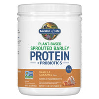 Garden of Life, Plant-Based Sprouted Barley, Protein + Probiotics, Vanilla Caramel, 1 LB 3 OZ (540 G) UPC 658010134606 | HiLife Vitamins