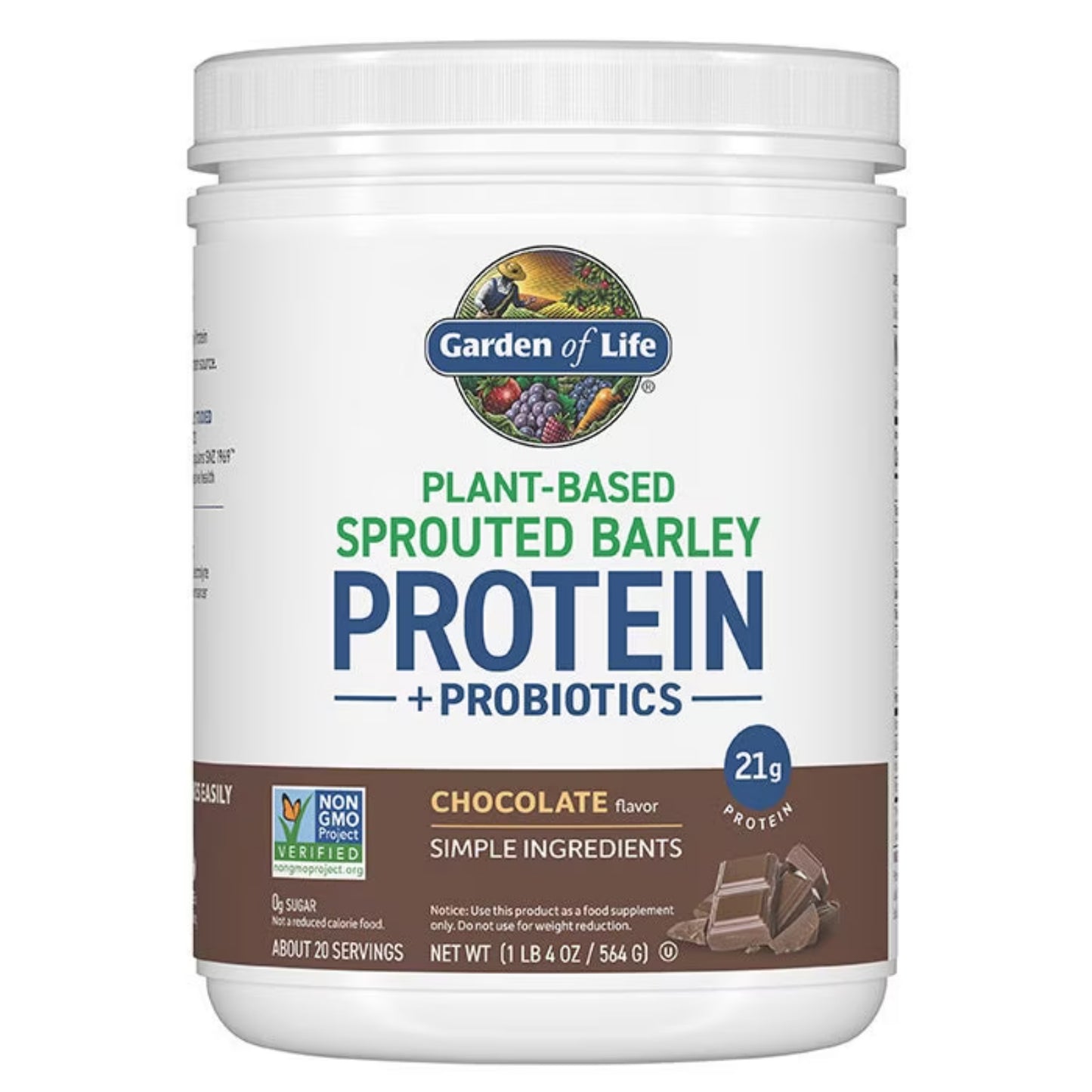 Garden of Life, Plant-Based Sprouted Barley, Protein + Probiotics, Chocolate, 1 LB 4 OZ (564 G) UPC 658010134613 | HiLife Vitamins