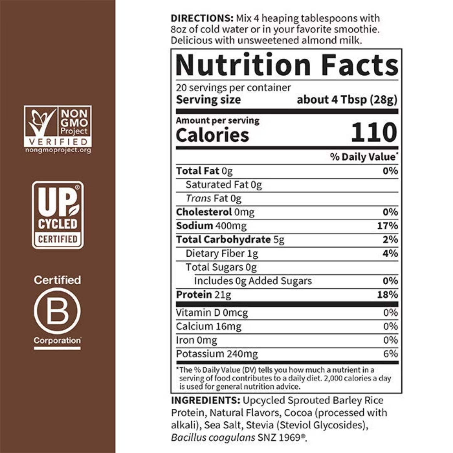 Garden of Life, Plant-Based Sprouted Barley, Protein + Probiotics, Chocolate, 1 LB 4 OZ (564 G) UPC 658010134613 | HiLife Vitamins