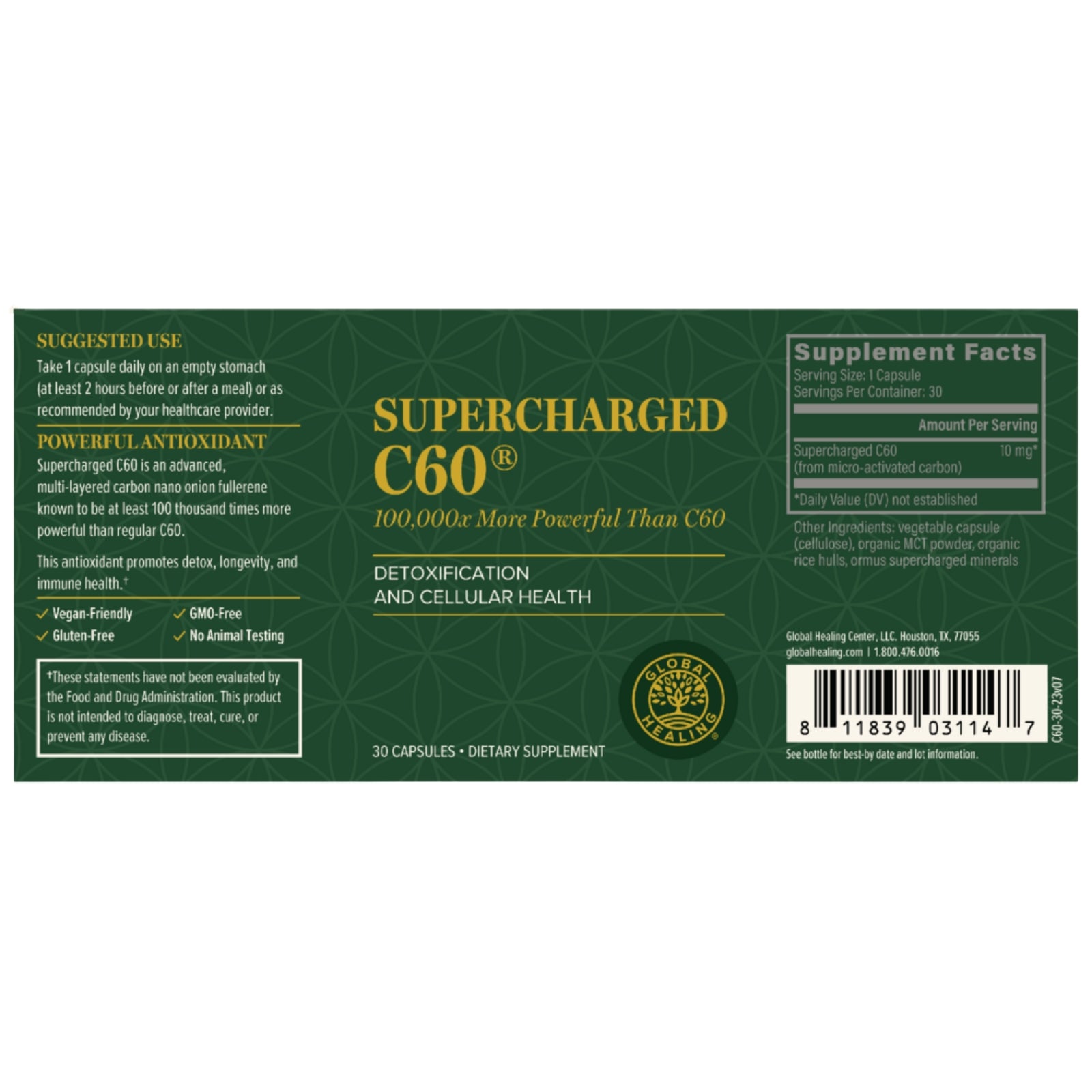 Global Healing, Supercharged C60®, 30 Capsules UPC 811839031147 | HiLife Vitamins