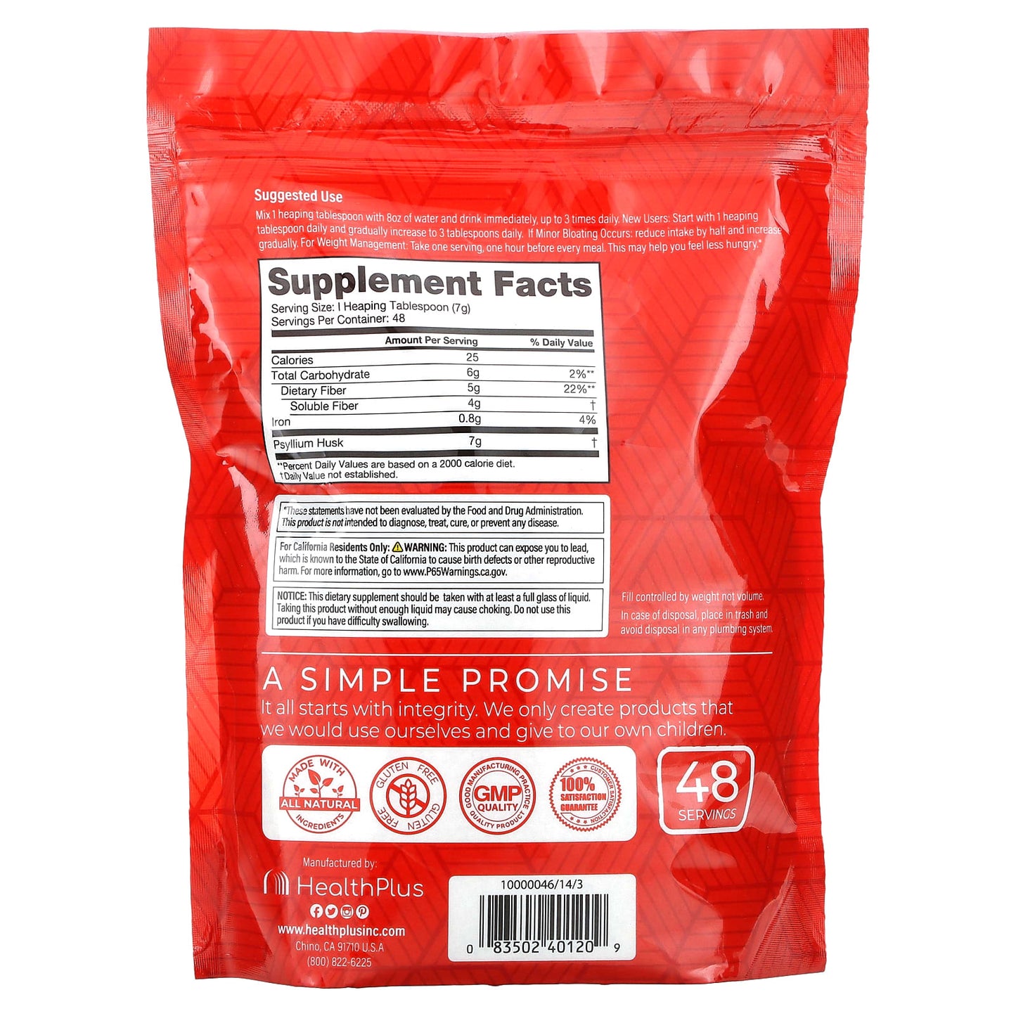 Health Plus, 100% Pure Psyllium Husks Plastic Bag, 12 Oz UPC 083502401209 | Hilife Vitamins