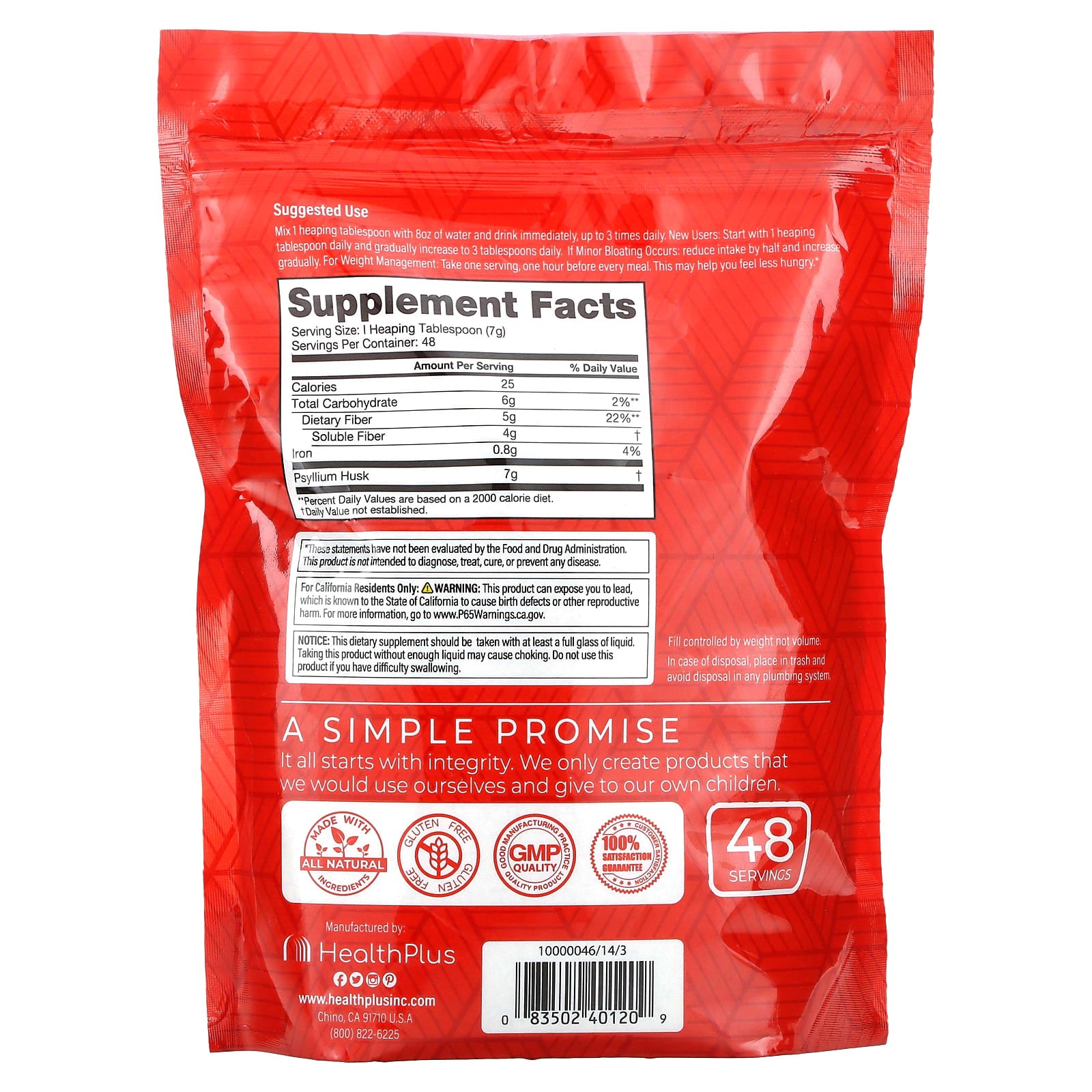 Health Plus, 100% Pure Psyllium Husks Plastic Bag, 12 Oz UPC 083502401209 | Hilife Vitamins