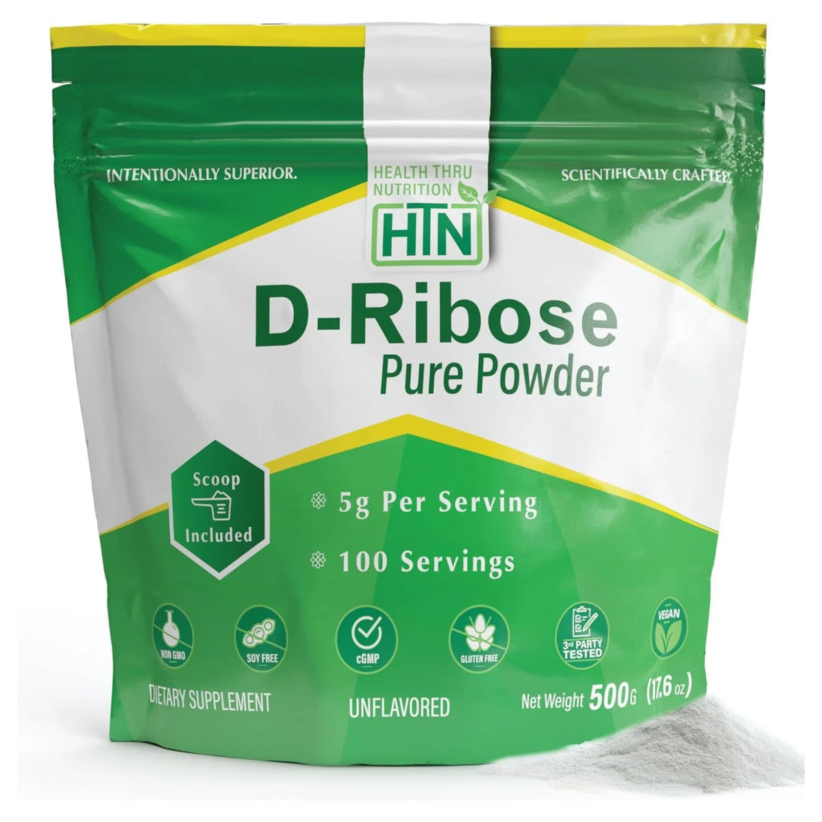 Health Thru Nutrition, D-Ribose Pure Powder Unflavored, 500 G (17.6 oz) UPC 819193021507 | Hilife Vitamins