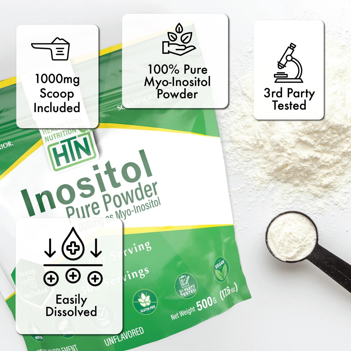 Health Thru Nutrition, Inositol Pure Powder Unflavored, 500 G (17.6 oz) UPC 819193021514 | Hilife Vitamins