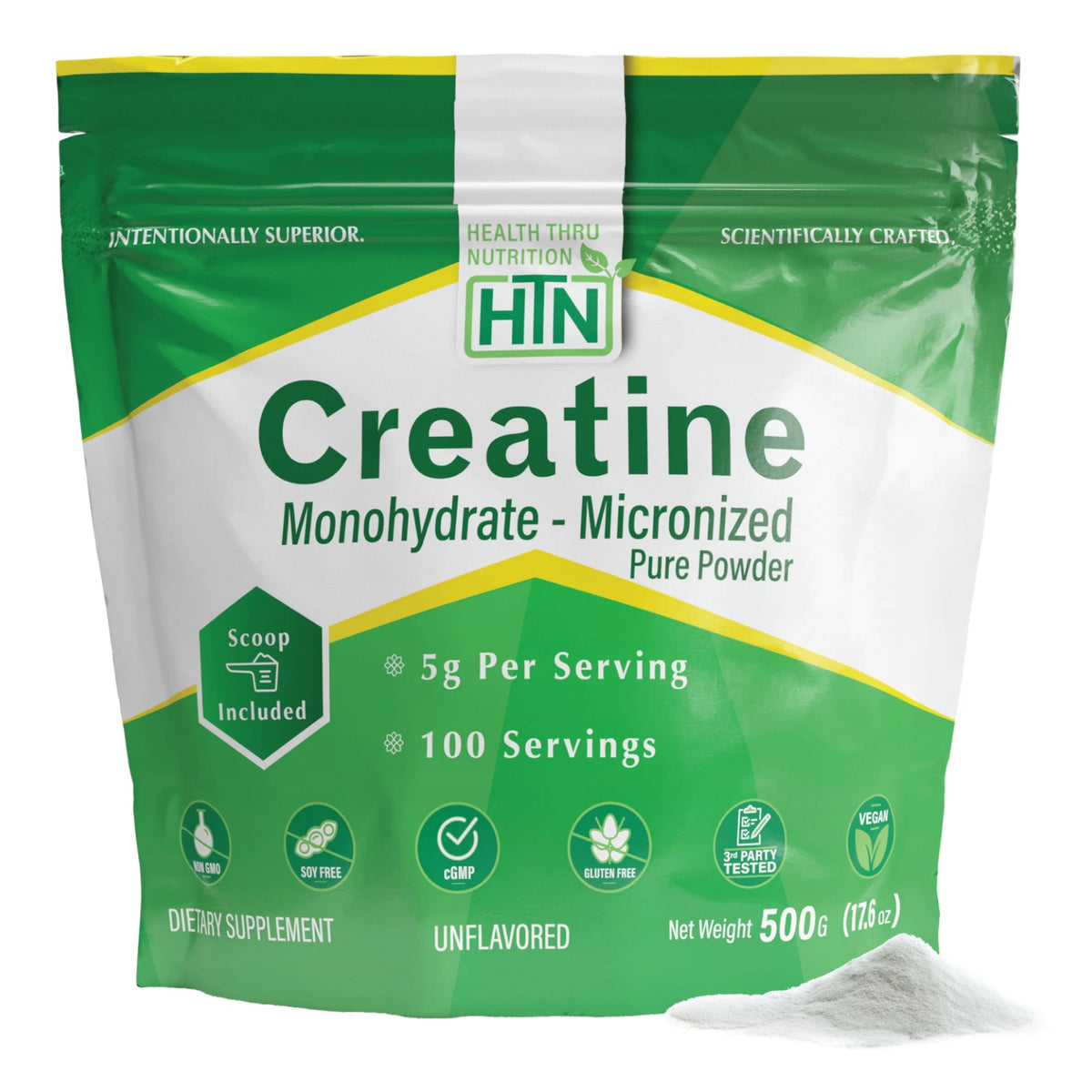 Health Thru Nutrition, Creatine Monohydrate Micronized Pure Powder Unflavored, 500 G (17.6 oz) UPC 819193021569