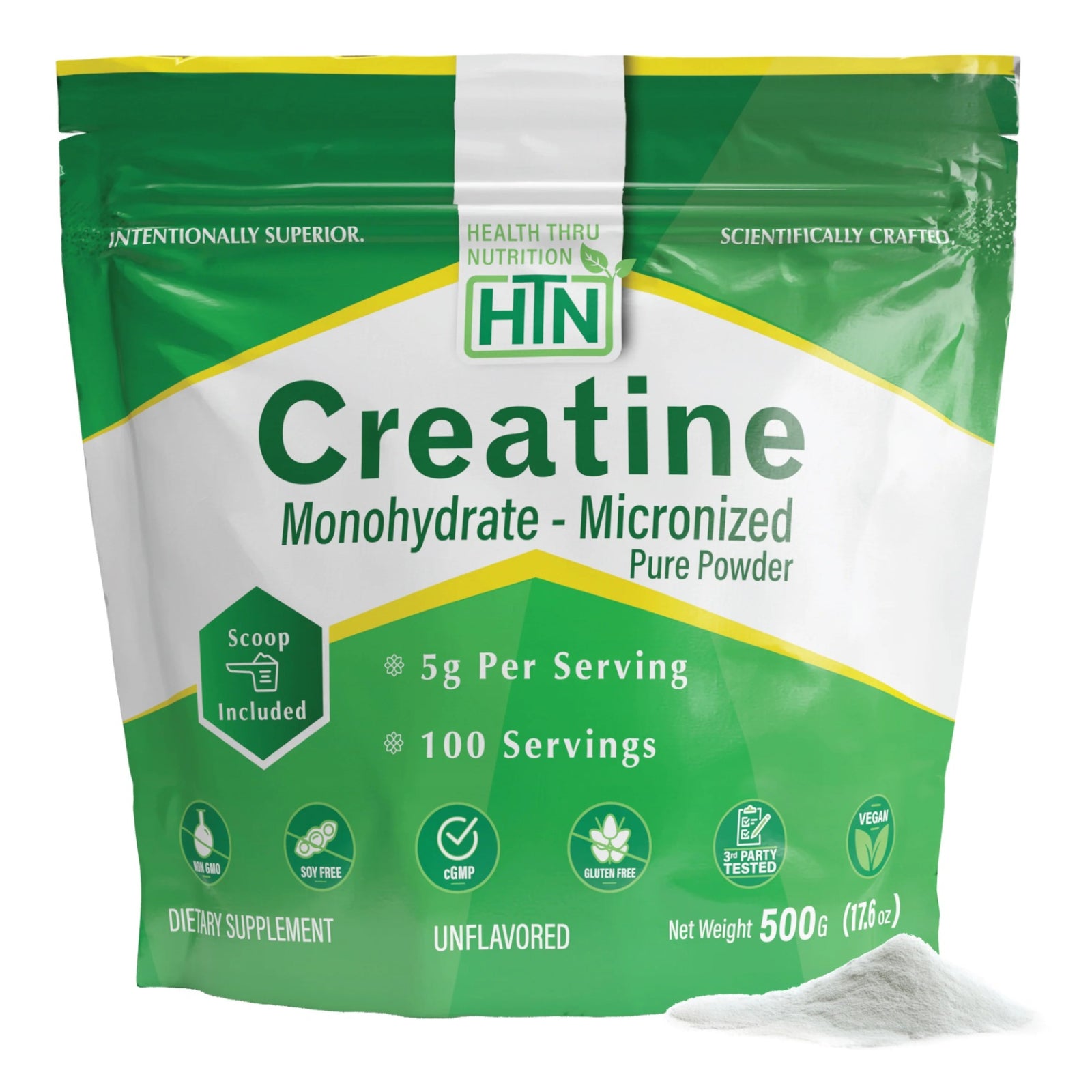 Health Thru Nutrition, Creatine Monohydrate Micronized Pure Powder Unflavored, 500 G (17.6 oz) UPC 819193021569