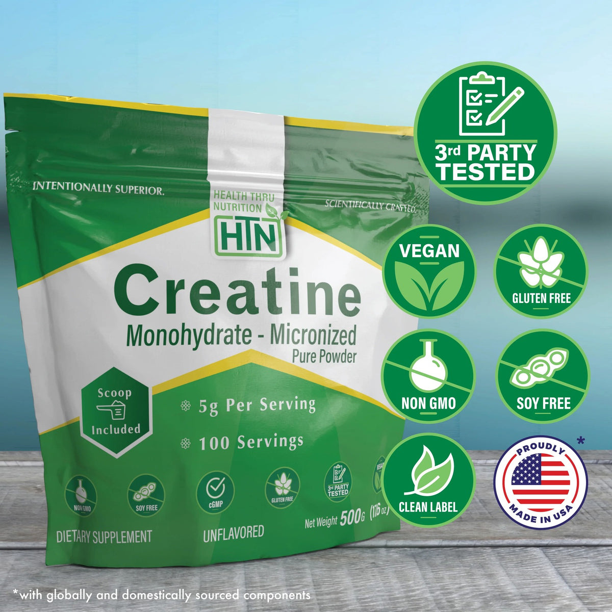 Health Thru Nutrition, Creatine Monohydrate Micronized Pure Powder Unflavored, 500 G (17.6 oz) UPC 819193021569