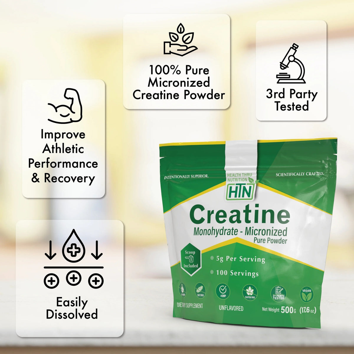 Health Thru Nutrition, Creatine Monohydrate Micronized Pure Powder Unflavored, 500 G (17.6 oz) UPC 819193021569