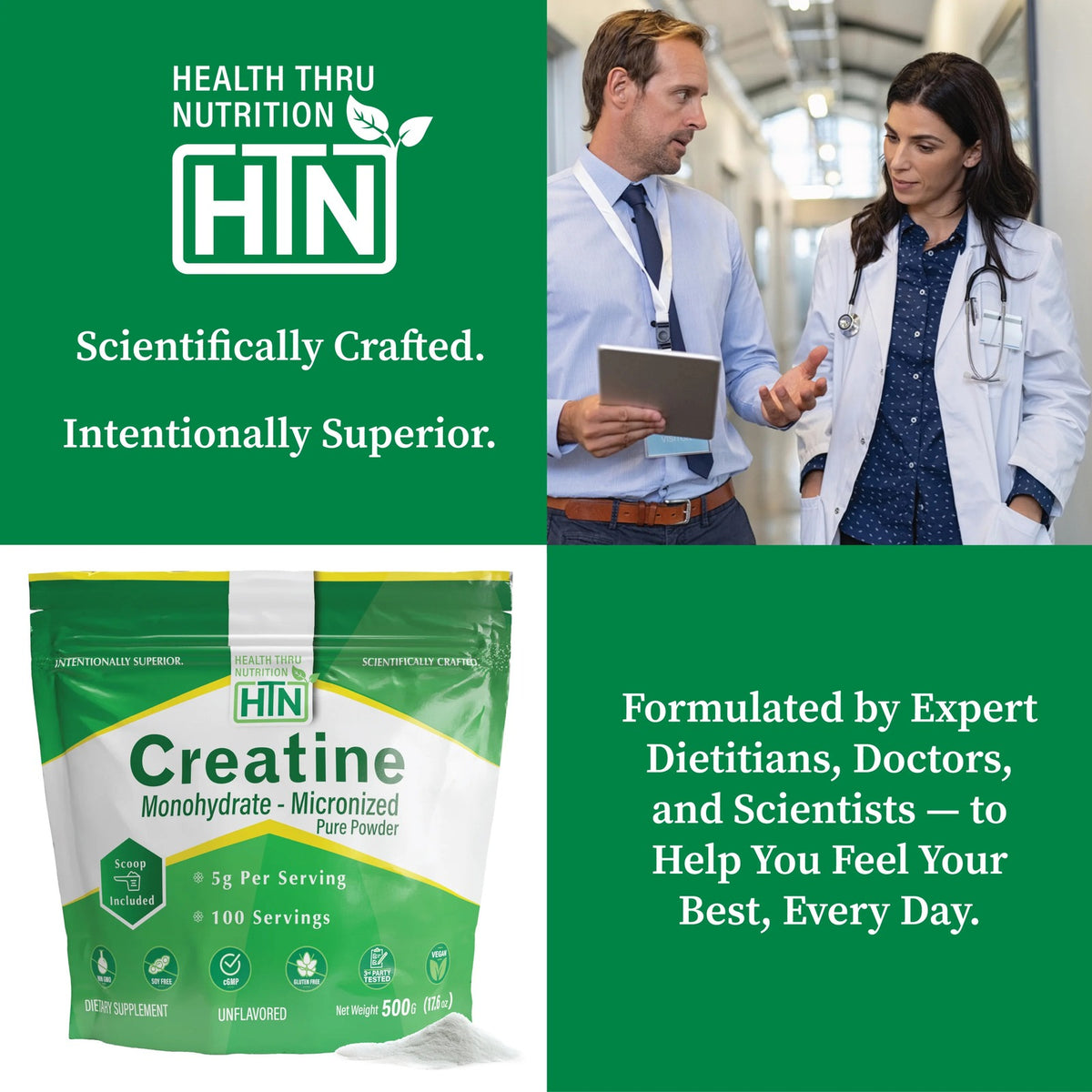 Health Thru Nutrition, Creatine Monohydrate Micronized Pure Powder Unflavored, 500 G (17.6 oz) UPC 819193021569