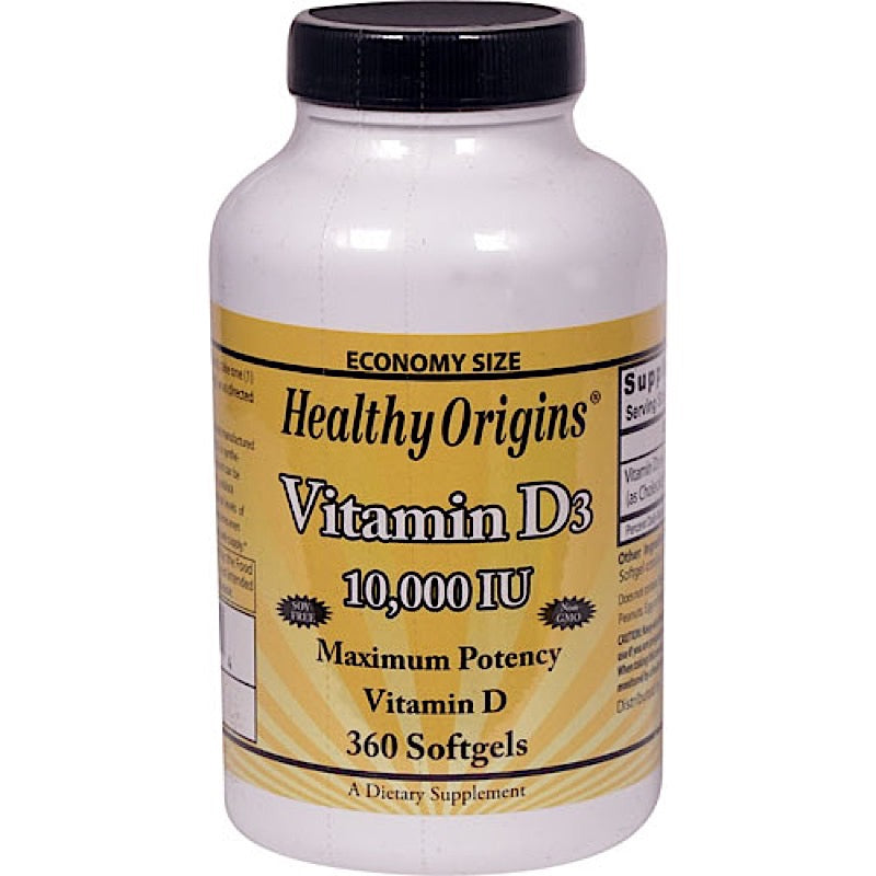 Healthy Origins, Vitamin D3 10,000 IU - Pure Cold Press. Olive Oil, 360 Softgels UPC 603573153564 | HiLife Vitamins