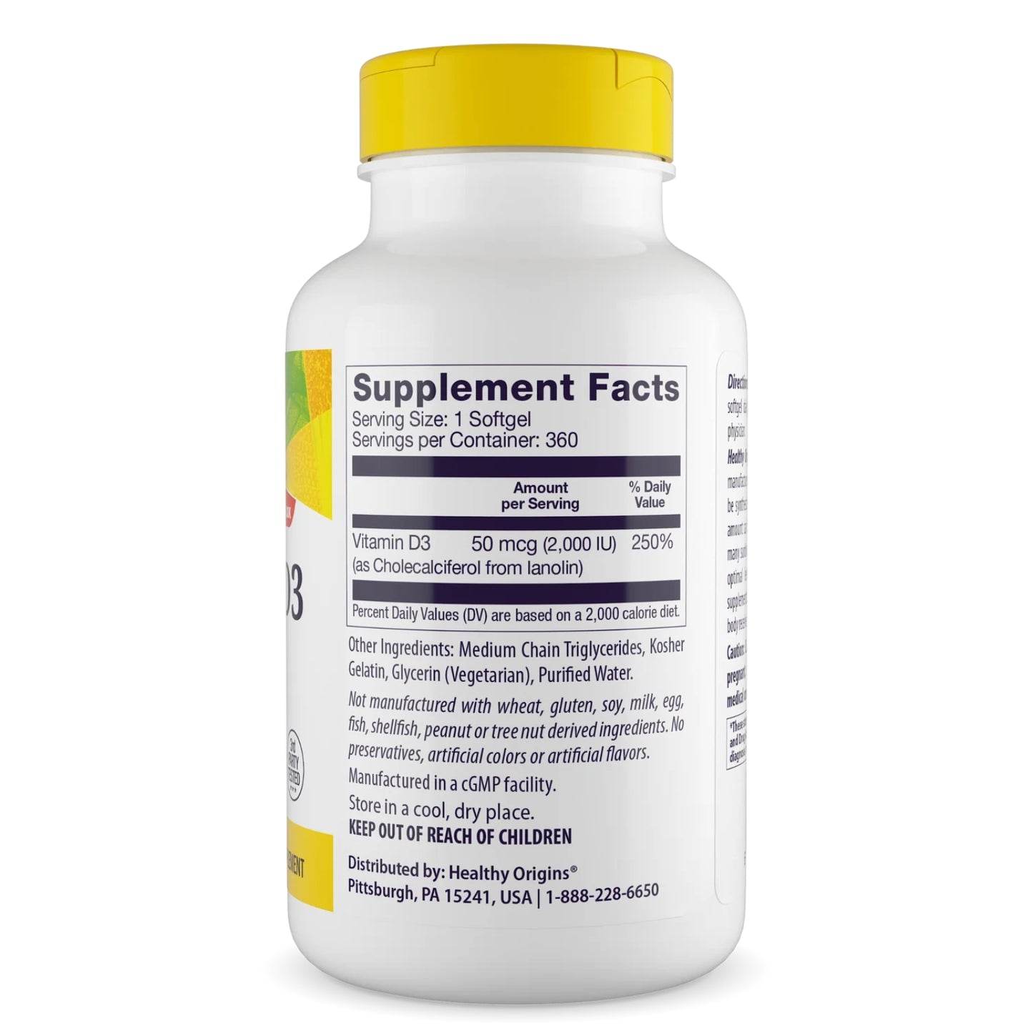 Healthy Origins, Vitamin D3, 2,000 IU, 360 Softgels UPC 603573153915 | HiLife Vitamins