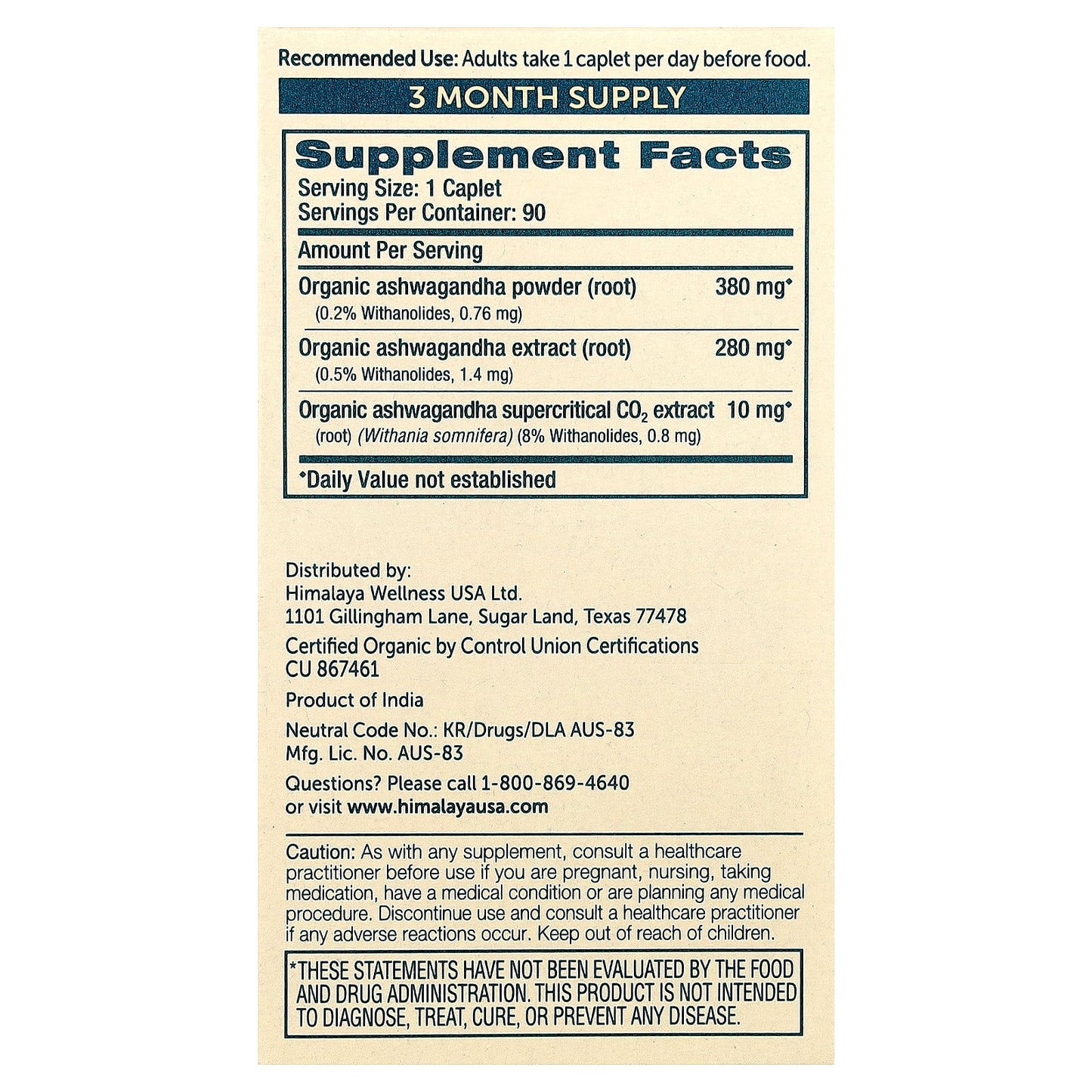Himalaya, Organic Ashwagandha, 90 Caplets UPC 605069060431 | Hilife Vitamins