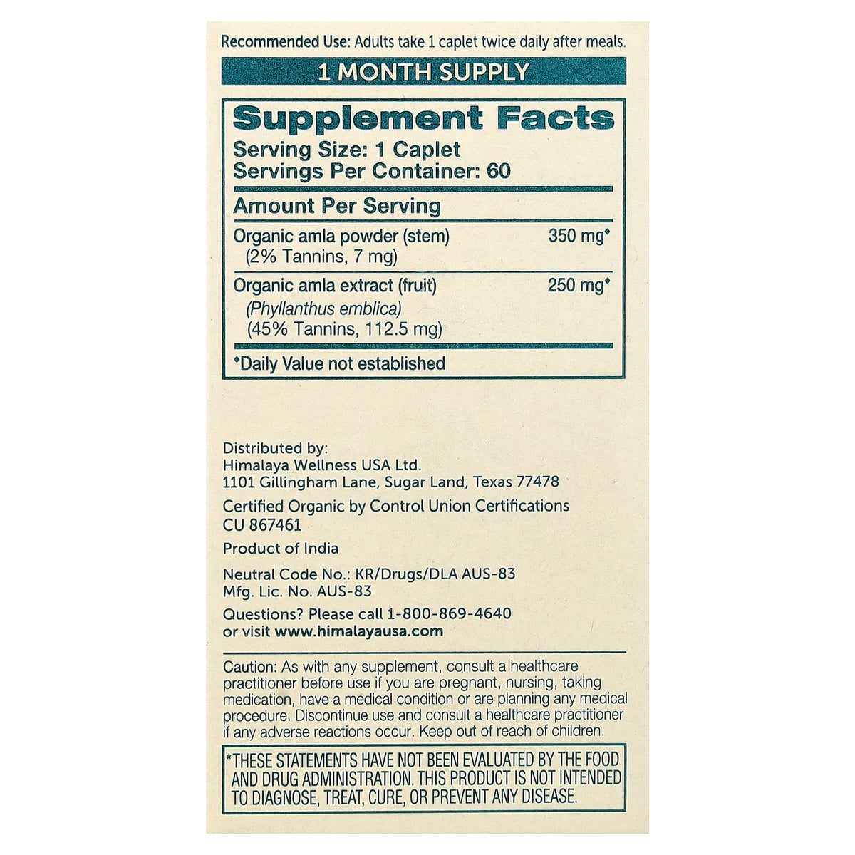Himalaya, Organic Amla, 60 Caplets UPC 605069402019 | Hilife Vitamins