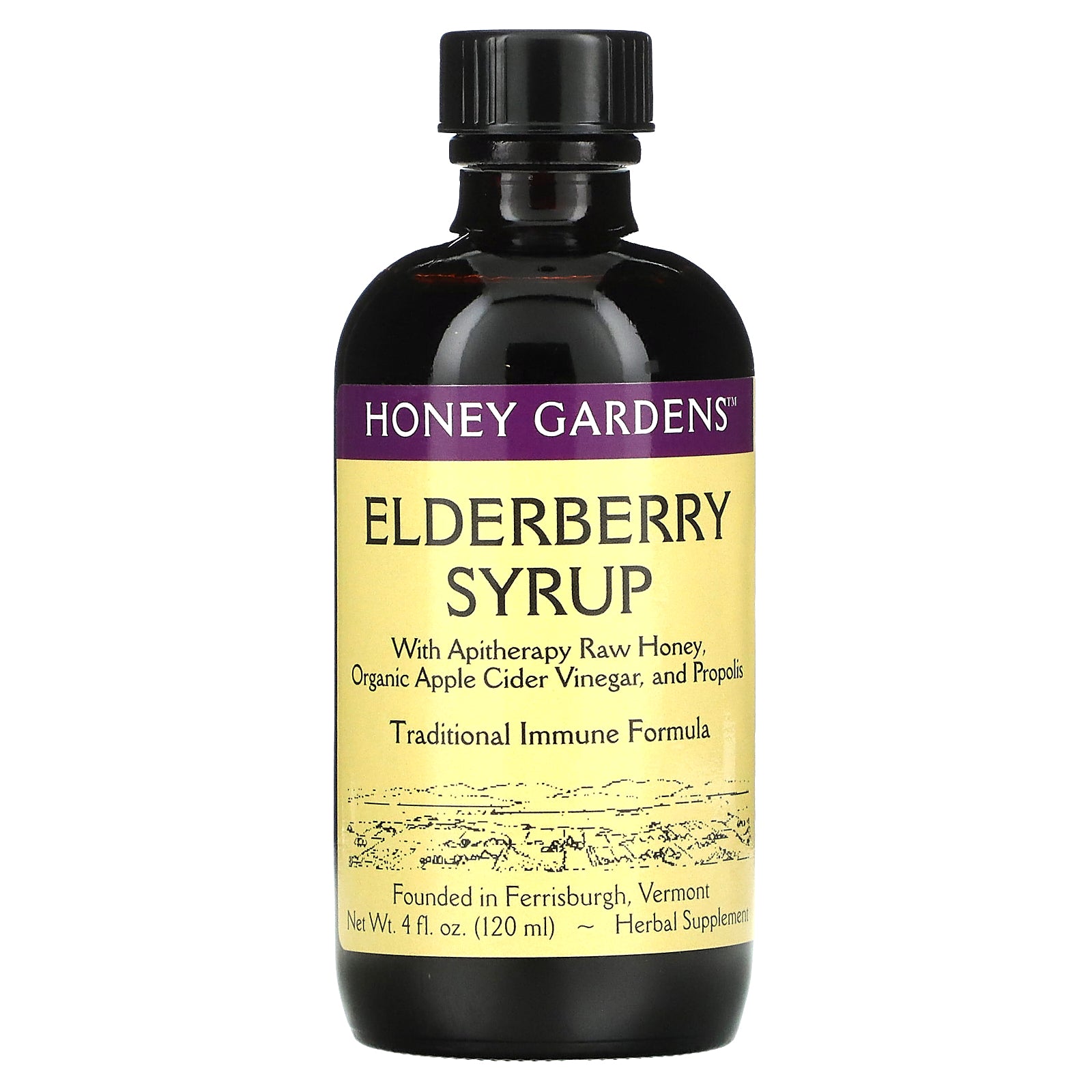 Honey Gardens Apiaries, Elderberry Syrup with Apitherapy Raw Honey, Organic Apple Cider Vinegar, and Propolis, 4 Oz Syrup UPC 022318000084 | HiLife Vitamins