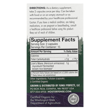 Host Defense, Lion's Mane, Memory & Nerve Support, 30 Vegetarian Capsules UPC 633422031613 | HiLife Vitamins