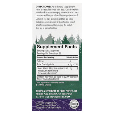 Host Defense, Lion's Mane, Memory & Nerve Support, 60 Vegetarian Capsules UPC 633422031620 | HiLife Vitamins
