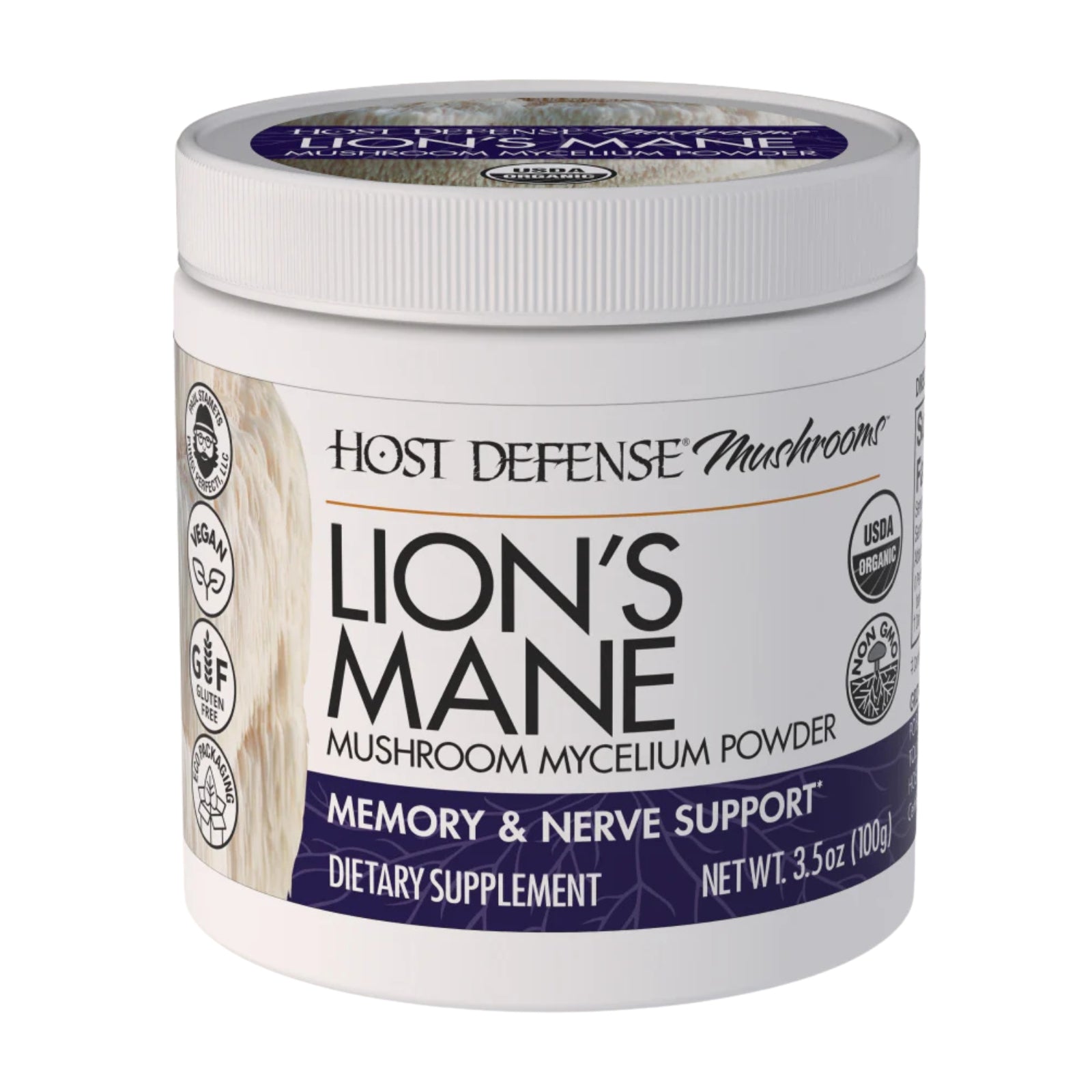 Host Defense, Lion's Mane Mushroom Mycelium Powder, 3.5 oz (100 g) UPC 633422306964 | Hilife Vitamins