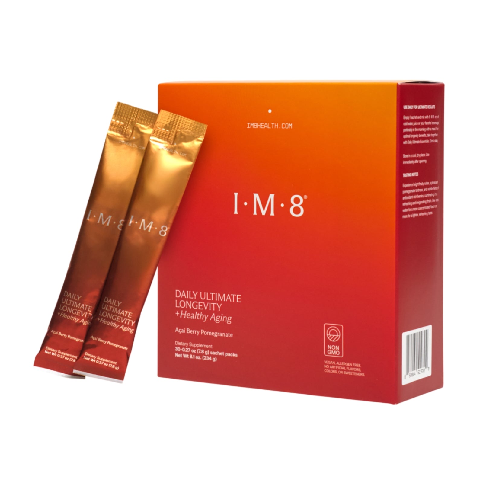 IM8, Daily Ultimate Longevity, Healthy Aging, Açaí Berry Pomegranate, 30 Sachet Packs UPC 850064519709 | HiLife Vitamins