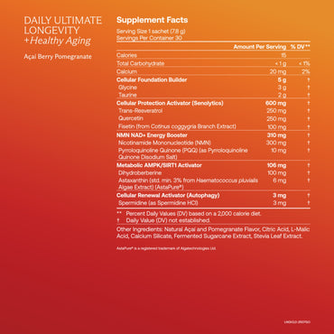 IM8, Daily Ultimate Longevity, Healthy Aging, Açaí Berry Pomegranate, 30 Sachet Packs UPC 850064519709 | HiLife Vitamins