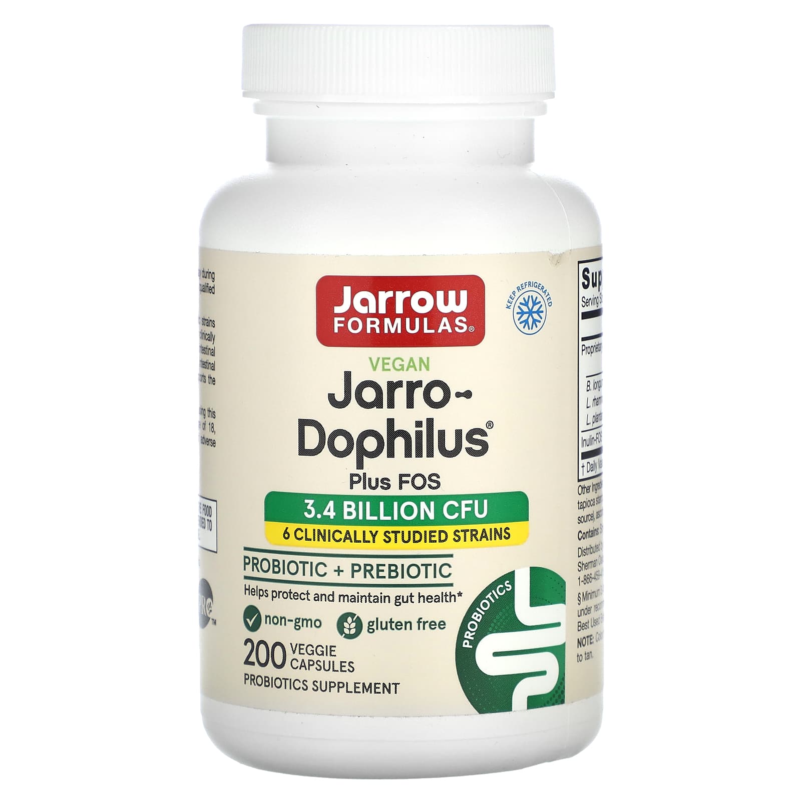 Jarrow Formulas, Jarro-Dophilus Plus FOS, 3.4 Billion CF, 200 Capsules UPC 790011030126 | HiLife Vitamins