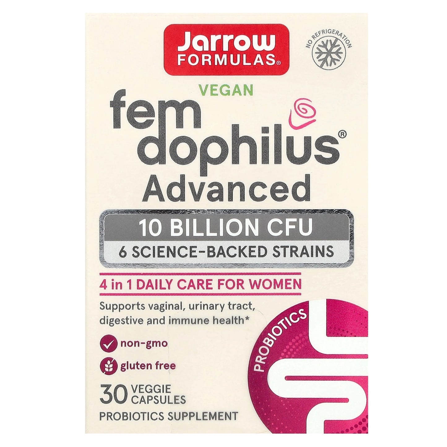 Jarrow Formulas, Vegan Fem Dophilus, Advanced, 10 Billion CFU (250 mg), 30 Veggie Capsules UPC 790011037354 | Hilife Vitamins