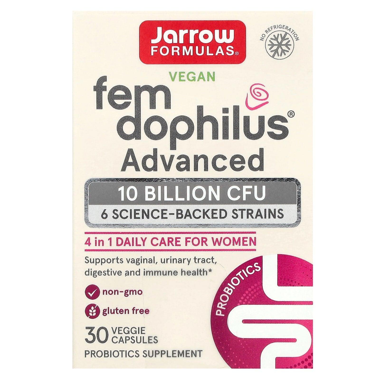 Jarrow Formulas, Vegan Fem Dophilus, Advanced, 10 Billion CFU (250 mg), 30 Veggie Capsules UPC 790011037354 | Hilife Vitamins
