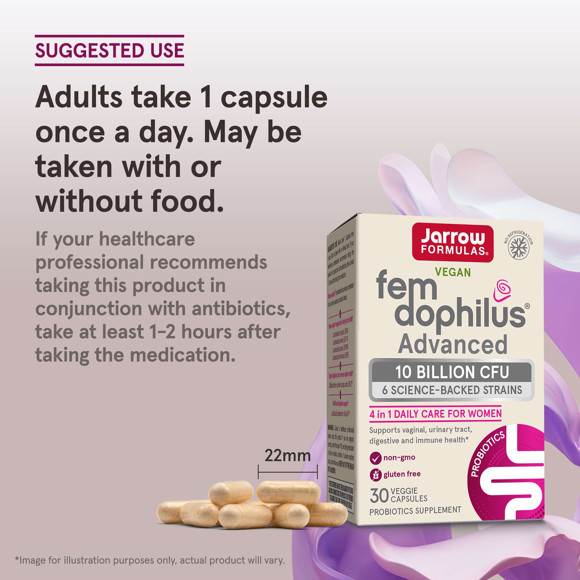 Jarrow Formulas, Vegan Fem Dophilus, Advanced, 10 Billion CFU (250 mg), 30 Veggie Capsules UPC 790011037354 | Hilife Vitamins