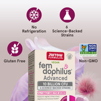 Jarrow Formulas, Vegan Fem Dophilus, Advanced, 10 Billion CFU (250 mg), 30 Veggie Capsules UPC 790011037354 | Hilife Vitamins