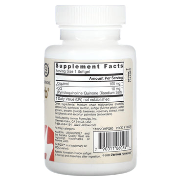 Jarrow Formulas, Qh + Pqq Ubiquinol + Pyrroloquinoline Quinone, 60 Softgels UPC 790011060284 | HiLife Vitamins